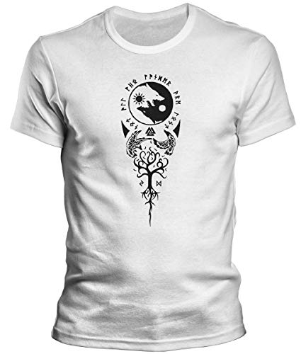 DragonHive Herren T-Shirt Odin Runen Wikinger Baum 1 Rabe Valhalla Rising Walhalla Vikings Wodan - Männer Tshirt, Größe:XL, Farbe:Weiß von DragonHive