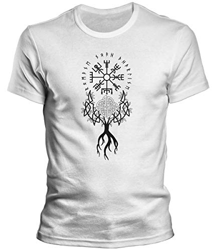 DragonHive Herren T-Shirt Odin Runen Wikinger Baum 3 Rabe Valhalla Rising Walhalla Vikings Wodan - Männer Tshirt, Größe:L, Farbe:Weiß von DragonHive