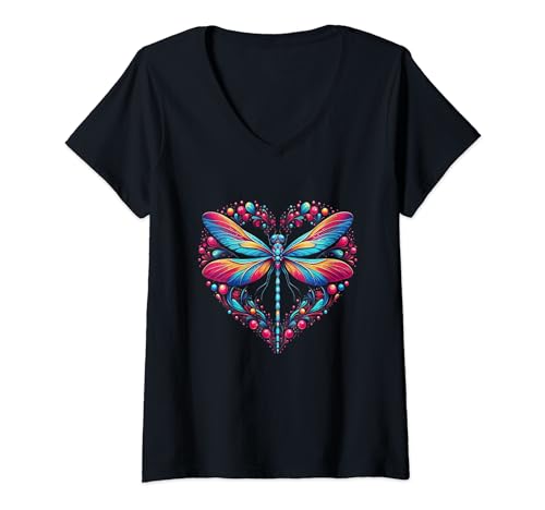 Damen Libellenliebe Spiritueller bunter Libellen-Kunstgarten T-Shirt mit V-Ausschnitt von Dragonflies Artwork Co von MNI