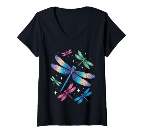 Damen Libelle Libellen Insekten Libelle T-Shirt mit V-Ausschnitt von Dragonfly Dragonflies Insect Mystical Nature
