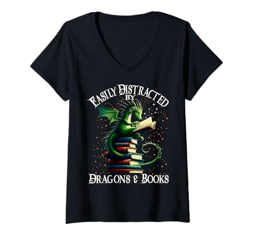 Damen Leicht von Drachen und Büchern abgelenkt T-Shirt mit V-Ausschnitt von Dragons & Books lovers