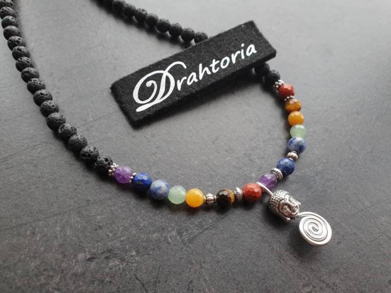 Drahtoria Chakra Lava Kette Mit Natürlichen Facettierten Heilsteinen Als Perlen Buddha Am Aludraht Silber von Drahtoria