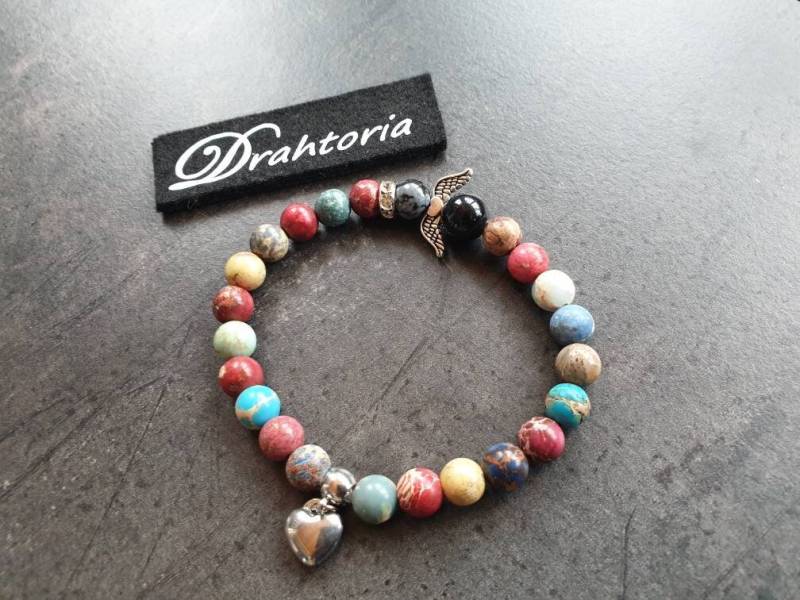 Drahtoria Schutzengel Armband Mit Kaiserlichem Jaspis Schneeflocken - Obsidian Und Strass Edelstahl Perlen Herz Engel von Drahtoria
