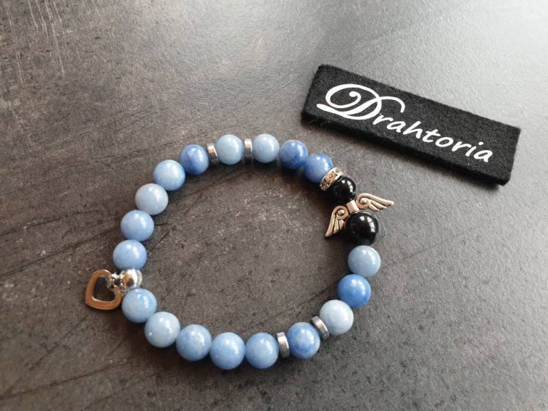Drahtoria Schutzengel Armband Mit Natürlichem Aventurin in Blau, Hämatit, Schwarzem Obsidian Und Strass Edelstahl Perlen Herz Liebe Engel von Drahtoria
