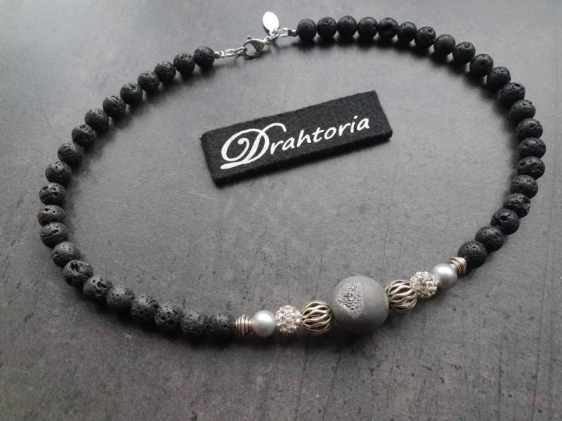 Mega Statement - Kette Mit Drusenachatperle Handarbeit Lava Collier Perlenkette Von Drahtoria von Drahtoria