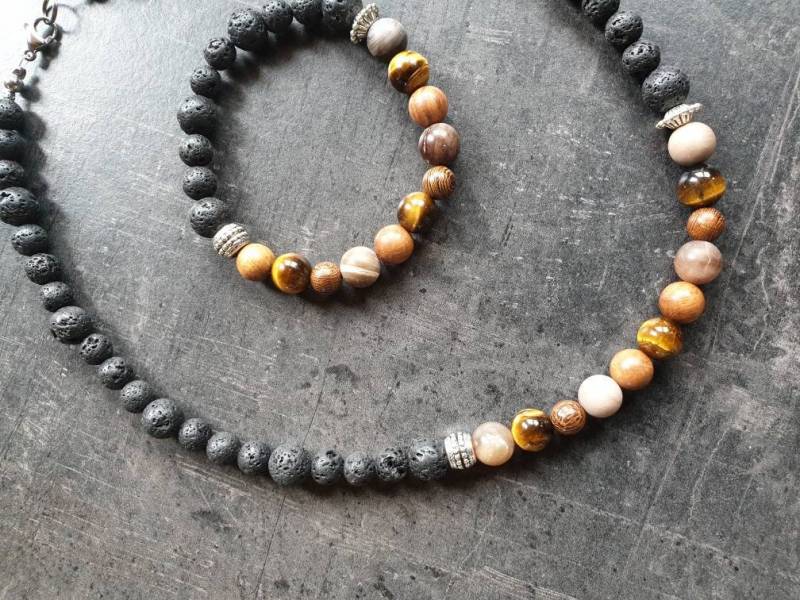 Set Für Männer Und Frauen Armband Kette Versteinertes Holz Hämatit Tigerauge Lava Edelstahl Von Drahtoria von Drahtoria