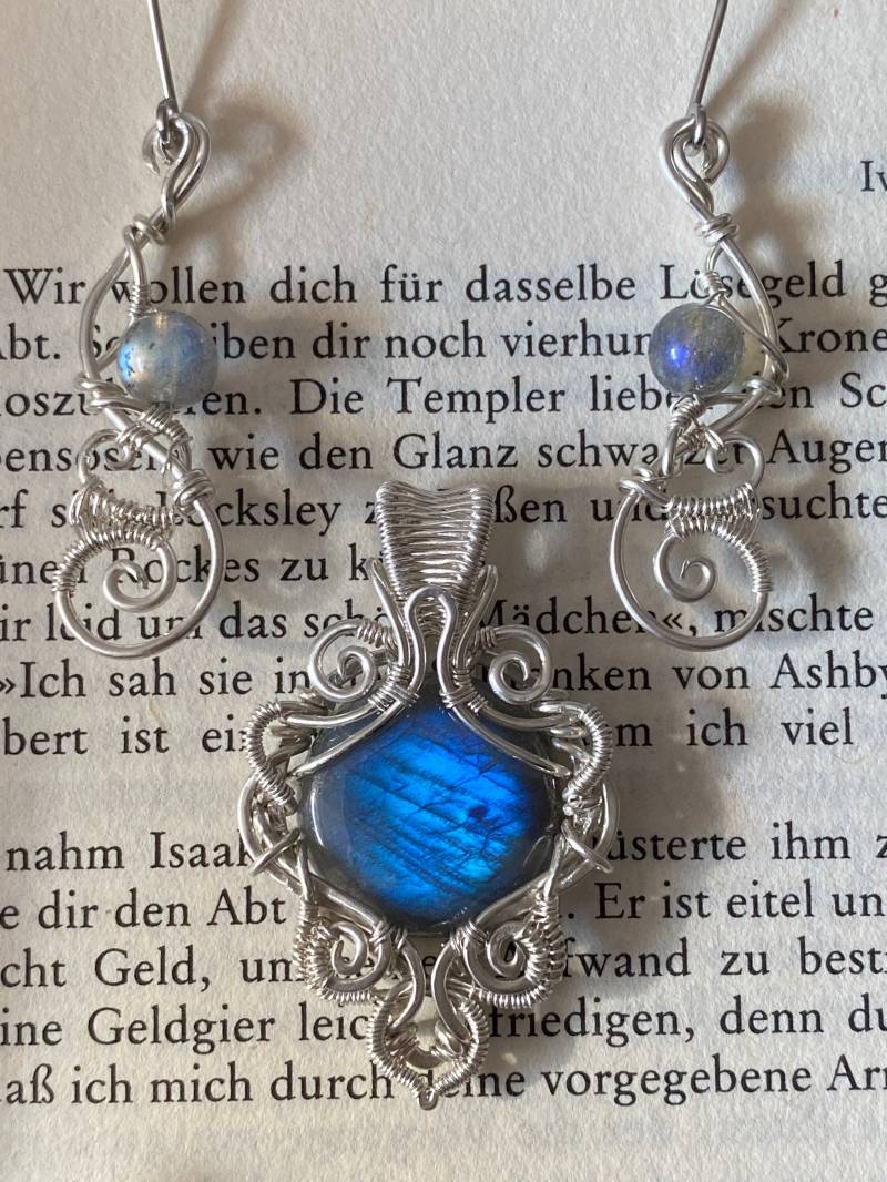 Silberschmuck Set Labradoritcabochon Und -Perlen | Kettenanhänger Ohrringe Edelsteinschmuck Drahtschmuck Geschenkidee Für Sie Blau von Drahtsache
