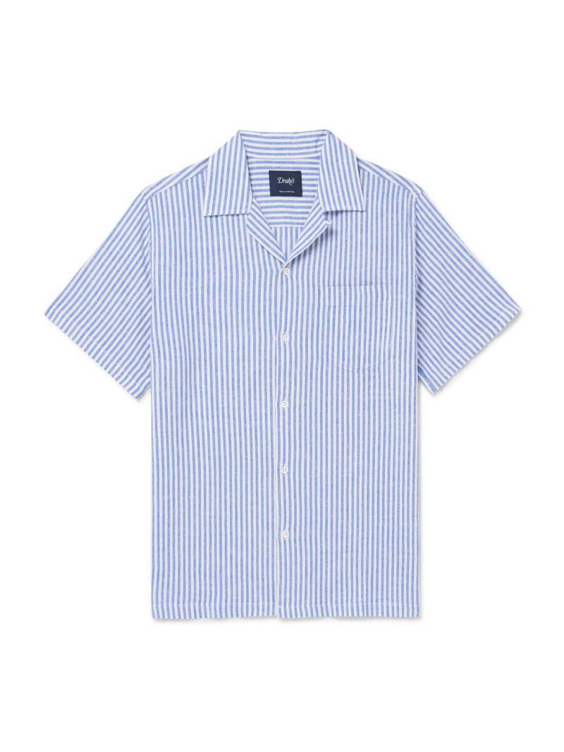 Drake's - Convertible-Collar Striped Cotton and Linen-Blend Shirt - Men - Blue - XXL von Drake's