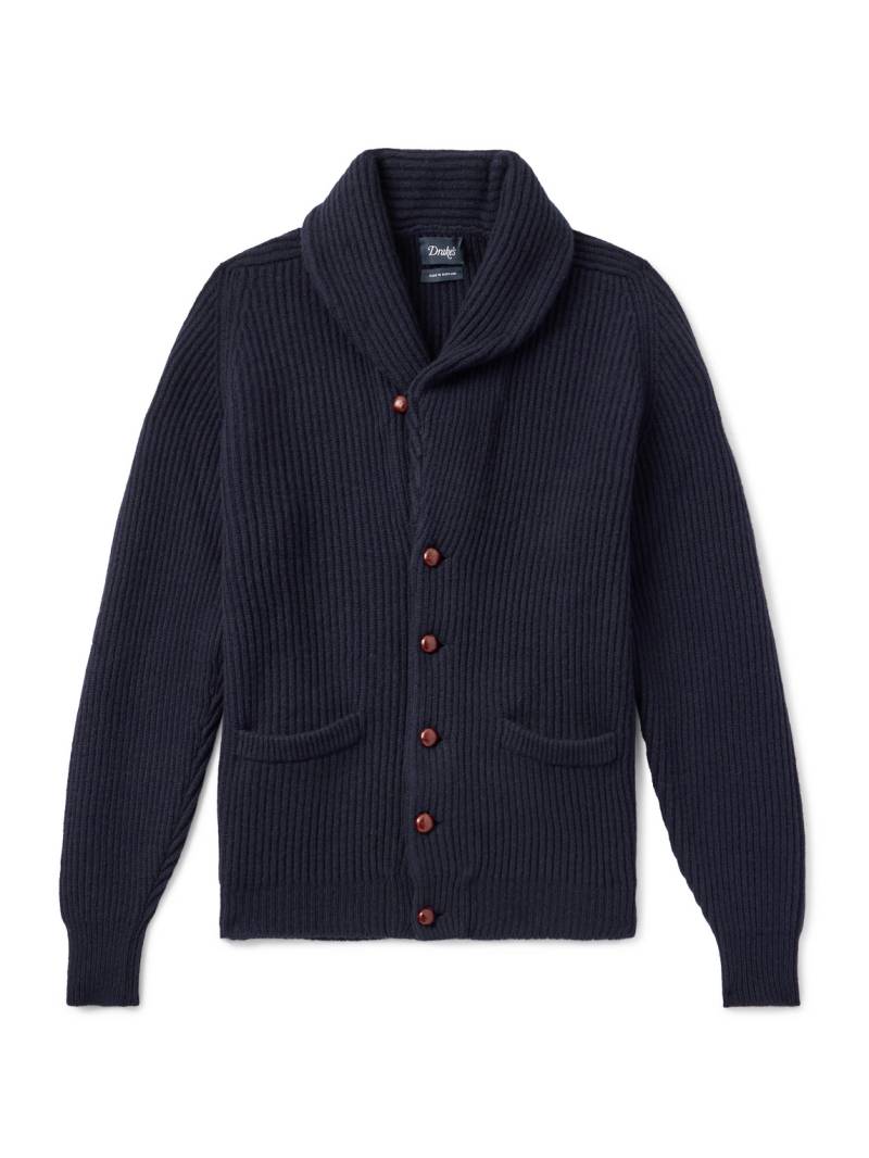 Drake's - Shawl-Collar Ribbed Wool Cardigan - Men - Blue - M von Drake's