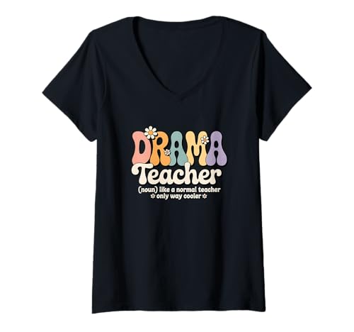 Damen Retro Groovy Drama Teacher Theater Arts Back to School T-Shirt mit V-Ausschnitt von Drama Teacher Apparel for Women & Men