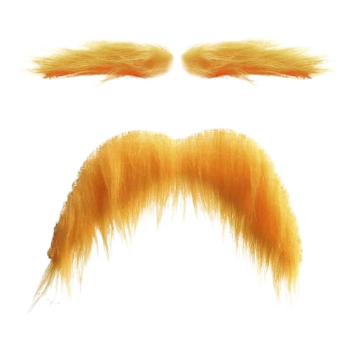 2er Set Gelbe Gelber Falscher Bart Set,Fake Bart Augenbrauen Set, Selbstklebende Orangener Bart Und Augenbrauen Für Erwachsene, Halloween-Cosplay-Kostümparty-Gefälligkeiten von Dranng