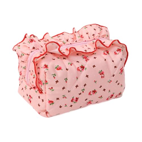 Dranng Kokette Kosmetiktasche, Gesteppte Kosmetiktasche | Reise-Make-up-Beutel mit Rüschen und Blumenmuster - Stilvoller Kulturbeutel, tragbarer Reise-Make-up-Beutel für Mädchen und Frauen von Dranng