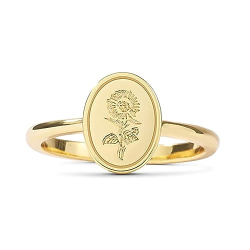 Drawelry Damen Sterling Silber Ringe:18 Karat Vergoldete Mohn Sonnenblum Blume Gravierter Siegelring für Frauen Minimalistisch Minimalistisch Schmuckgeschenk für Mädchen (58（18.5）, Gold-2) von Drawelry