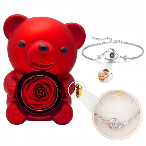 Drawelry Personalisiert Foto Projektion Armband mit Niedlich Bär Umarmung Rose Schmuck Kästchen Bild Gravur Herz Armbänder Fall für Damen Ehefrau Lover Jahrestag Geburtstag Weihnachten Geschenke (A02) von Drawelry
