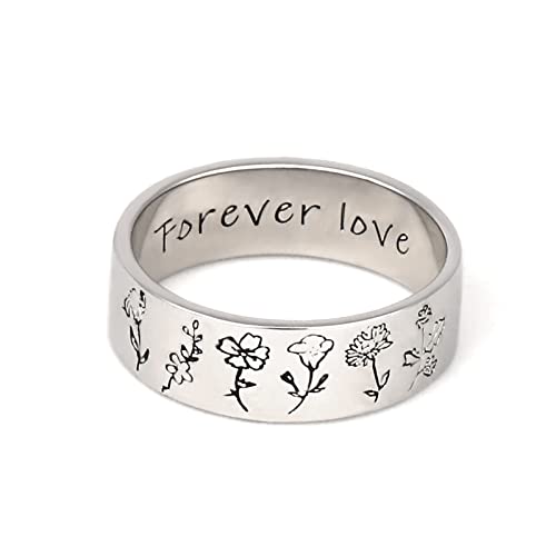 Drawelry Personalisierte Custom Ringe Gravur Text Satz Benutzerdefinierte Geburt Blumenringe Silber Geburtsblumen Wildblumen Ringe Schmuck Geschenk Eheringe für Frauen Männer Unisex (Silber) von Drawelry