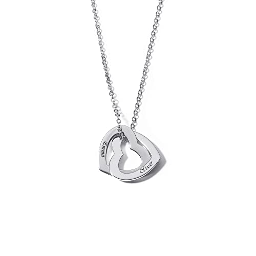 Drawelry Personalisierte Damen Herz Halskette 925 Sterling Silber Individueller mit Gravur 2 Namen Datum Anhänger Muttertag Valentinstag Jubiläumsgeschenk für Damen Mädchen (Silber) von Drawelry