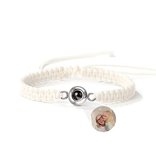 Drawelry Personalisiertes Foto Projektion Armband für Frauen Herren Verstellbares geflochtenes Seilarmband mit Bild im Inneren Charm Armreif Foto Armband Runder Anhänger Schmuck Geschenk (Weiß-SI) von Drawelry