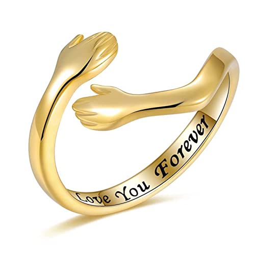 Drawelry Umarmende Hände Ringe Personalisierte Custom Namen Text Umarmender Ringe Sterling Silber Verstellbarer Öffnen Ring Anniversary Promise Schmuck Geschenk für Damen Paare Herren (Gold-1) von Drawelry