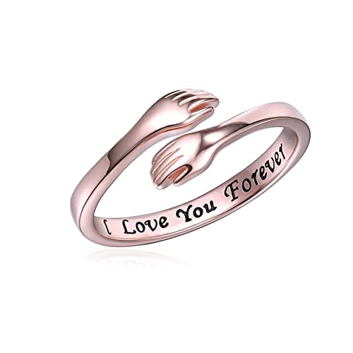 Drawelry Umarmende Hände Ringe Personalisierte Custom Namen Text Umarmender Ringe Sterling Silber Verstellbarer Öffnen Ring Anniversary Promise Schmuck Geschenk für Damen Paare Herren (Rose Gold) von Drawelry