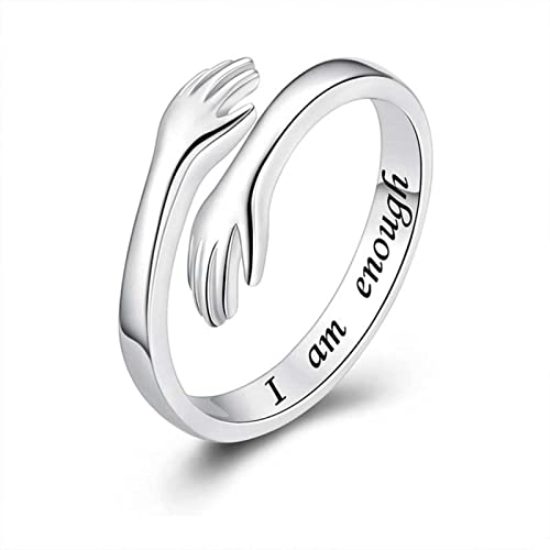 Drawelry Umarmende Hände Ringe Personalisierte Custom Namen Text Umarmender Ringe Sterling Silber Verstellbarer Öffnen Ring Anniversary Promise Schmuck Geschenk für Damen Paare Herren (Silber) von Drawelry