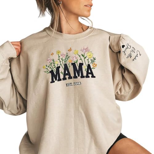 Personalisierte Hoodies für Mama Customized Hooded Sweatshirt für Damen Farbenfrohe Blumen Mama Hoodie mit Kindernamen Pullover Geschenk für Damen, Personalisierte Geburtstagsgeschenk für Frauen von Drawelry