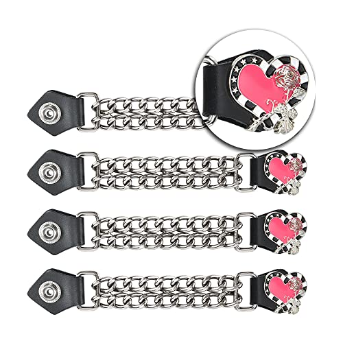 Dream Apparel 4 Stück Motorradwestenverlängerungen für Damen, Biker-Westenverlängerungen mit Kunstlederenden und doppelten Chromketten, Rosa Herz und Chrom Rose, Small-Medium von Dream Apparel
