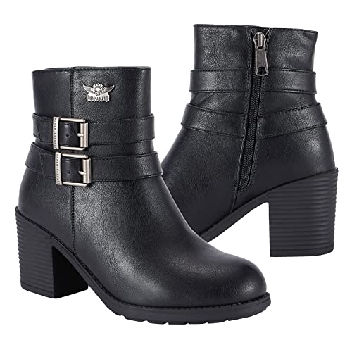 Dream Apparel Damen Chunky Heel Kunstleder Stiefeletten Booties mit seitlichem Reißverschluss Wasserdicht Schwarz PU Leder Doppelschnalle Riemen Knöchelschuhe Round Toe Mid Heel Kurze Stiefel, Schwarz von Dream Apparel