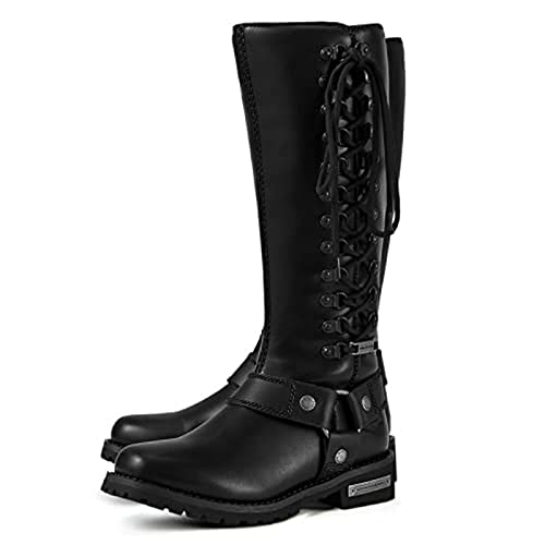 Dream Apparel Damen Harness Motorrad Reitstiefel Square Toe Biker Boots Schnürstiefel Kniehohe Stiefel mit seitlichem Reißverschluss, Schwarz PU Leder Stiefel Damen, Schwarz, 41 EU von Dream Apparel