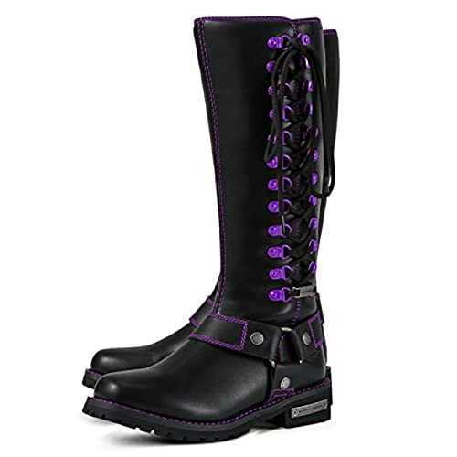 Dream Apparel Damen Harness Motorradreitstiefel für Biker, quadratischer Zehenbereich, kniehohe Stiefel mit seitlichem Reißverschluss, schwarzes PU-Lederschuhe, Violett, 37.5 EU von Dream Apparel