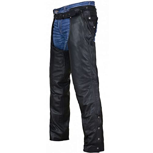 Dream Apparel Motorrad-Reitchaps aus Leder für Herren und Damen, mit Futter und vier Taschen, Cowboy-Biker-Chaps-Hose, Schwarz, 01 - Schwarze Chaps mit herausnehmbarem Futter, 6XL von Dream Apparel