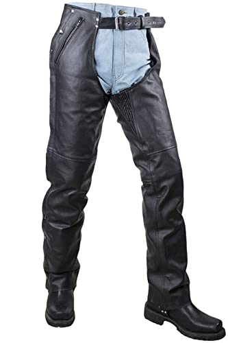 Dream Apparel Motorrad-Reitchaps aus schwarzem Leder für Herren und Damen, mit Futter und vier Taschen, Cowboy-Biker-Chaps Hose, Schwarz, 5X-Large Dream Apparel Motorrad-Reitchaps aus schwarzem Leder für Herren und Damen, mit Futter und vier Taschen, Cowboy-Biker-Chaps Hose, Schwarz, 5X-Large von Dream Apparel