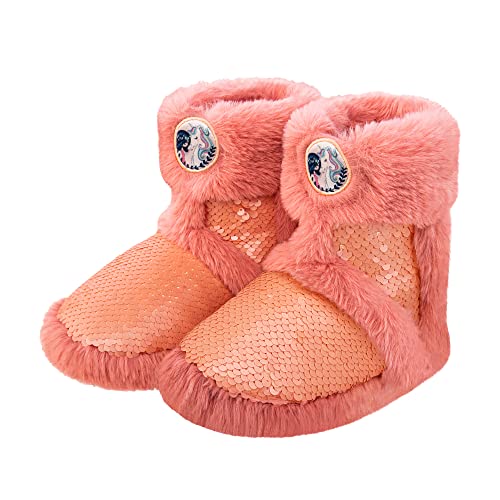 Dream Bridge Mädchen Einhorn Hausschuhe Plüsch Stiefel Flauschig Einhorn Paillette Pantoffeln rutschfeste Gummi Sohle Kindergarten Zuhause Schuhe, Orange, 30 EU von Dream Bridge