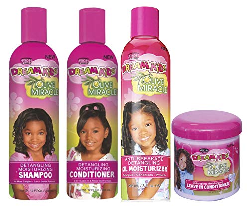 African Pride Olive Miracle Dream Kids Detangling Pflege, 4er Pack (4 x 355 ml) / 355 ml Conditioner / 236 ml Feuchtigkeitsöl/Conditioner ohne Ausspülen 425 g von Dream Kids