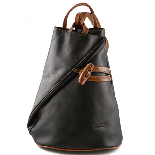 Damen Echtes Leder Rucksack Mit Träger Und Reißverschluss- Aniuk Farbe Schwarz Cognac - Italienische Lederwaren - Rucksack von LEATHER Bags