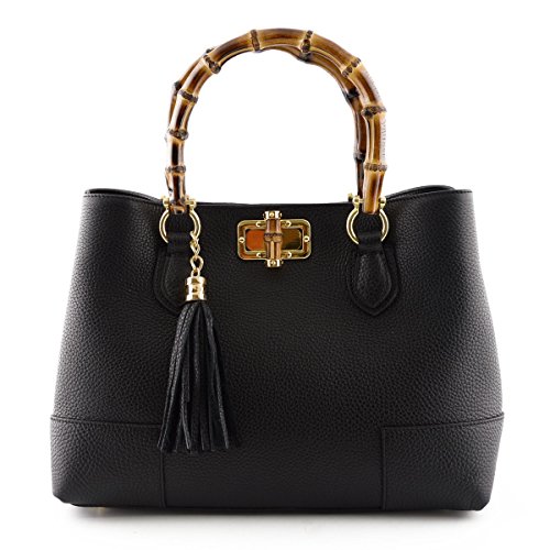 Dream Leather Bags Made in Italy toskanische echte Ledertaschen Echtes Leder Damen Henkeltasche Mit Polierten Holz-Handgriffe Und Quaste Farbe Schwarz - Italienische Lederwaren - Damentasche von LEATHER Bags