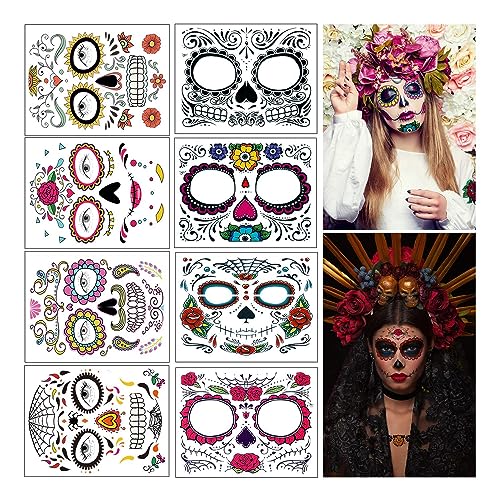 Tag der Toten Gesicht Tattoos, 8 Blatt Zucker Schädel temporäre Gesicht Tattoos Aufkleber für Halloween Party Make-up von Dream Loom