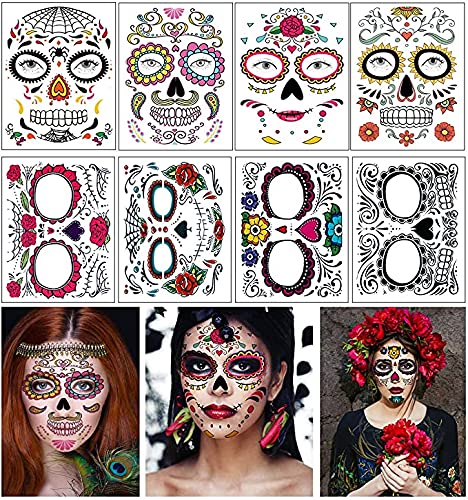 Tag der Toten Gesicht Tattoos, 8 Blatt Zucker Schädel temporäre Gesicht Tattoos Aufkleber für Halloween Party Make-up von Dream Loom