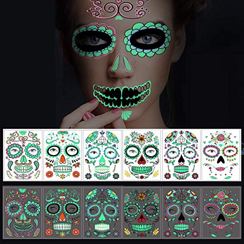 Temporäre Halloween-Gesichtstattoos, 6 Blatt Glow in the Dark Tattoos Zuckerschädel Aufkleber Tag der Toten Make-up, für Maskerade und Partys von Dream Loom