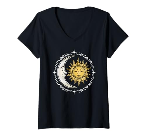 Damen Sonne Mond und Sterne Kosmisches Nachtmotiv für Träumer T-Shirt mit V-Ausschnitt von Dream Night Art by Christine-Krahl