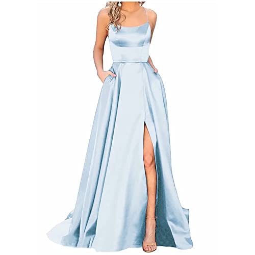 Damen Abendkleider Elegant Maxi Lang Neckholder Hochzeit Brautjungfernkleider Sexy Bandage Rücken Spaghetti Partykleid Kleider Brautjungfer Kleid Schlitz Maxikleid Ballkleider,Hellblau,L,2023 von Dream Room