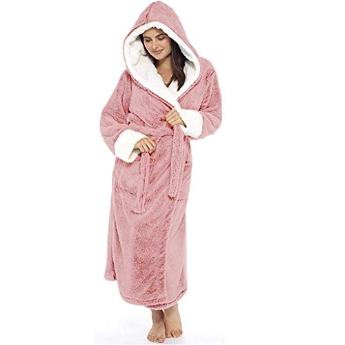 Damen Bademantel mit Kapuze Flauschig Lang Frottee Sauna Flanell Bademäntel Plüsch Verlängerte Bademantel Langarm Robe Mantel Saunamantel Nachthemden Langarm Schlafanzug mit Gürtel (XL, Rosa) von Dream Room