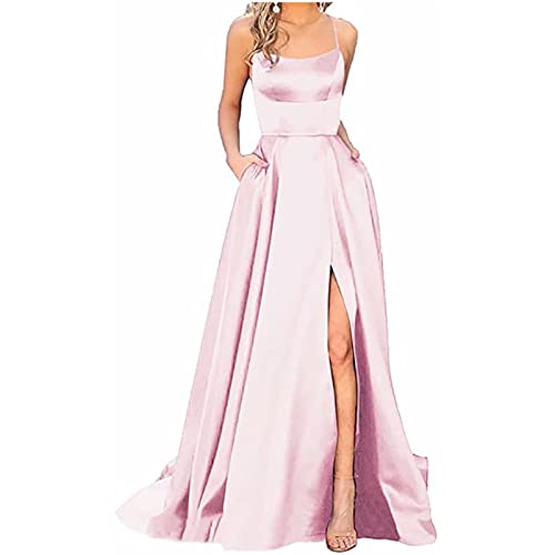 Damen Elegant Lange Ballkleider mit Taschen Satin A-Linie Backless Hochzeitskleid Abendkleider Sexy Neckholder Spaghetti Brautkleid Kleider Lang Prinzessin Brautjungfer Kleid,Rosa,XS,2023 von Dream Room