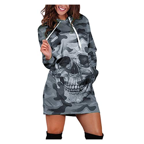 Damen Hoodie Damen Langarm Sweatshirt Mädchen Kapuzen Camouflag Schädel Drucken Minikleid Hoodies Casual Herbst Kleid Kapuzenpullover Pullover Lange Sweatshirt Lose Pulli Kleider Sweatjacke Kleider von Dream Room