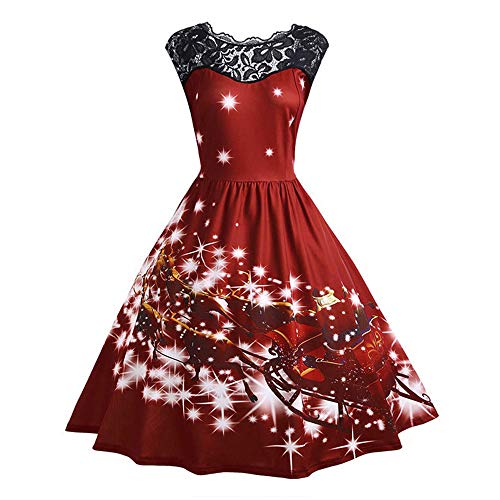 Damen Weihnachten Kleider 1950er Vintage Retro Cocktailkleid Rockabilly Rundhals Faltenrock Weihnachtskleid Hepburn Weihnachten Druck Partykleid A-Linie Swing Kleid Dress von Dream Room