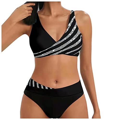 Dream Room Bikini Damen Bauchweg, Damen Zweiteiliger Bikini Set Damen Push Up Bikini Sets Hohe Taille Swimmwear Über Kreuz Swimsuit Sets Sport Zweiteilig Bademode mit Kontrast Besatzt von Dream Room