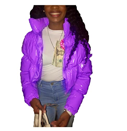 Dream Room Damen Puffer Jacke Einfarbige Winterjacke Warm Stehkragen Frauen Glänzend Daunenjacke Kurz Geschnitten Wattierte Steppjacke Jacke Female Baumwolljacke Mantel Herbst jacke, A-purple, S von Dream Room