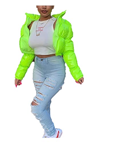 Dream Room Damen Puffer Jacke Einfarbige Winterjacke Warm Stehkragen Frauen Glänzend Daunenjacke Kurz Wattierte Steppjacke Female Baumwolljacke Mantel Herbst Outdoorjacke, XXL, A-fluorescent Green von Dream Room
