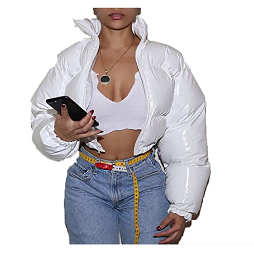 Dream Room Damen Puffer Jacke Einfarbige Winterjacke Warm Stehkragen Übergangsjacke Frauen Glänzend Daunenjacke Kurz Geschnitten Wattierte Steppjacke Female Baumwolljacke Mantel Herbst, L, A-white von Dream Room