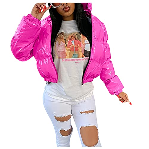 Dream Room Damen Puffer Jacke Einfarbige Winterjacke Warm Stehkragen Übergangsjacke Glänzend Kurz Geschnitten Wattierte Steppjacke Jacke Female Baumwolljacke Mantel Herbst jacke, A-Hot Pink, M von Dream Room