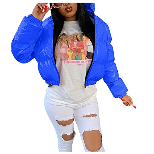 Dream Room Puffer Jacke Einfarbige Winterjacke Warm Stehkragen Übergangsjacke Frauen Glänzend Daunenjacke Kurz Geschnitten Wattierte Steppjacke Female Baumwolljacke Mantel Herbst Outdoorjacke, A-Blue von Dream Room